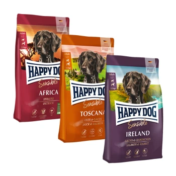 Sensible Probierpaket Länderreise 3x1kg Mixpaket 4 Drei Tüten Happy Dog Sensible Hundefutter: Afrika (Strauß), Toscana (Ente & Lachs) und Irland (Lachs & Kaninchen), jeweils mit 11 kg beschriftet.