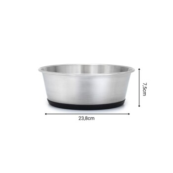 Edelstahl-Haustierfutterschüssel mit einem Durchmesser von 23,8 cm und einer Höhe von 7,5 cm, mit einem rutschfesten Boden.