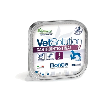 VetSolution Gastrointestinal Hundefutter von Monge, mit niedrigem Fettgehalt, X.O.S. Präbiotika und Nukleotiden. Getreidefreie Formel, hergestellt in Italien.