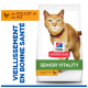 Sac d'aliments pour chats Hill's Science Plan Senior Vitality, poulet & riz ; logo Hill's et texte « au poulet et au riz » visibles.