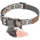 Gray and pink patterned pet collar with metal buckle, two tassels, and a leather tag reading "nior"