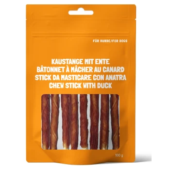 Orangene Packung Hundekauknochen mit Entengeschmack, mehrsprachig beschriftet, 100g.