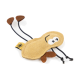 Ein plüschiges, erdnussförmiges Hundespielzeug mit einem lächelnden Gesicht, braunen Gliedern und schwarzen Schnüren, mit einem kleinen Logoschild.