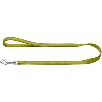 Limonengrüne Leder-Hundleine mit gepolstertem Schlaufenhandgriff und silbernem Schnapphaken; kleiner rechteckiger Metallanhänger mit unleserlicher Schrift.