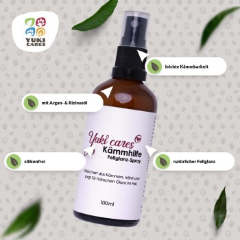 Yuki Cares Kämmhilfe Fur Spray Flasche, 100ml, mit Text über Inhaltsstoffe wie Argan- und Rizinusöl, fördert einfaches Kämmen und natürlichen Glanz.