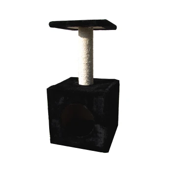 Schwarzer Katzenbaum mit quadratischem Sockel, einem Kratzbaum und einer oberen Plattform zum Entspannen.