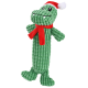 Grünes, strukturiertes Plüsch-Alligator-Hundespielzeug mit rotem Weihnachtsmannhut und rotem Schal.
