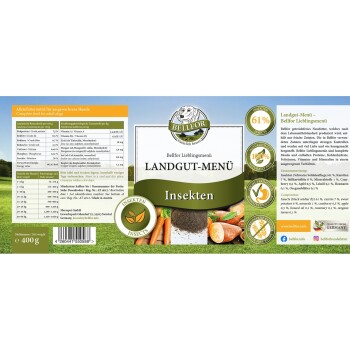 Etikett für Bellfor Landgut-Menü Insekten-Hundefutter, das Zutaten, Nährwertinformationen und ein grün-goldenes Design zeigt.
