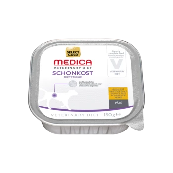 Dietetic dog food in a 150g container, labeled "Select Gold Medica Veterinary Diet Schonkost," featuring chicken and potatoes.