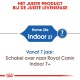 Huisdierenvoedingslabel voor "Home Life Indoor 27," geschikt voor huisdieren van 7+ jaar, beveelt "Royal Canin Indoor 7+" aan voor oudere huisdieren.