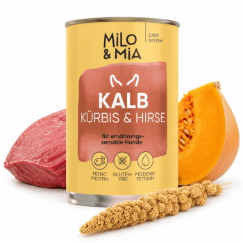 Dosen-Hundefutter "Milo & Mia" für Senioren, mit Kalbfleisch, Kürbis und Hirse. Vorteile: Immunstärkung, Verdauungsgesundheit, Haut- und Fellunterstützung.