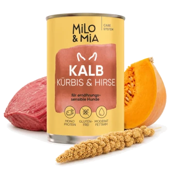 Dosen-Hundefutter "Milo & Mia" für Senioren, mit Kalbfleisch, Kürbis und Hirse. Vorteile: Immunstärkung, Verdauungsgesundheit, Haut- und Fellunterstützung.