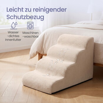 Beige, gerippte Tiertreppe mit Wassertropfen neben einem Bett; deutscher Text: pflegeleichter Bezug, wasserfest & maschinenwaschbar