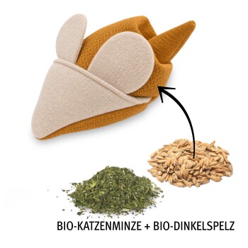 Senffarbenes Maus-Katzenspielzeug mit Pfeil, der auf Haufen von Katzenminze und Dinkelspelz zeigt; Text 'BIO-KATZENMINZE + BIO-DINKELSPELZ'