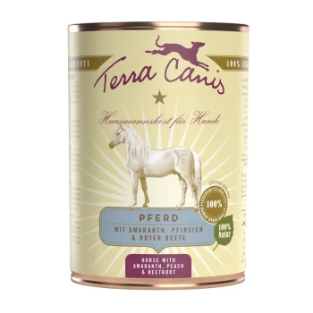 Classic Adult Pferd 6x400g Dose mit Terra Canis Hundefutter mit Pferdeillustration, beschriftet mit "Pferd mit Amaranth, Pfirsich & Roter Beete."