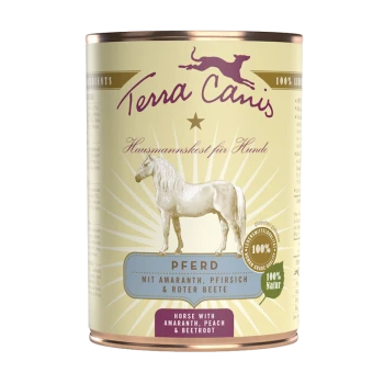 Dose mit Terra Canis Hundefutter mit Pferdeillustration, beschriftet mit "Pferd mit Amaranth, Pfirsich & Roter Beete."