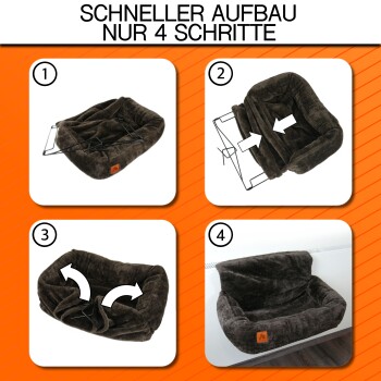 Schritt-für-Schritt-Anleitung zum Zusammenbauen eines braunen Haustierbettes in vier Schritten, mit nummerierten Illustrationen und dem Text "SCHNELLER AUFBAU NUR 4 SCHRITTE."