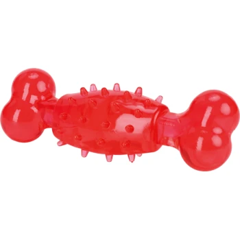 Red rubber dog toy shaped like a bone, featuring a spiky texture for added grip and stimulation.