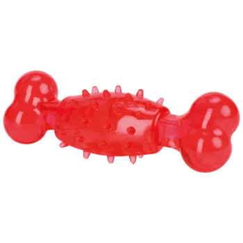 Red rubber dog toy shaped like a bone, featuring a spiky texture for added grip and stimulation.