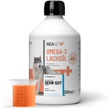 Flasche ReaVET Omega-3 Lachsöl für Hunde, mit einem Husky-Bild, 500ml Größe, und einem Etikett mit der Aufschrift "Auszeichnung SEHR GUT."