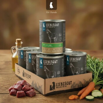 Stapel von Liebesgut Hundefutterdosen ('Für Hunde') in einer Kartonschale, dazu rohes Fleisch, Karotten, Zucchini und eine Flasche Öl.