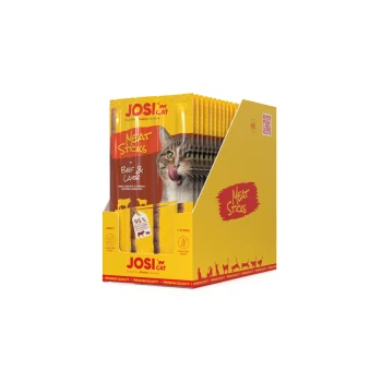 JOSI Katzenfleischstangenverpackung mit einer Katze, die sich die Lippen leckt, mit 'Rind & Lamm' Geschmack, 95% Fleischgehalt und 7 Sticks pro Packung.