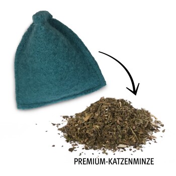 Ein türkisfarbener Filzbeutel neben einem Haufen getrockneter Katzenminze, beschriftet mit "PREMIUM-KATZENMINZE" in fettem schwarzen Text.
