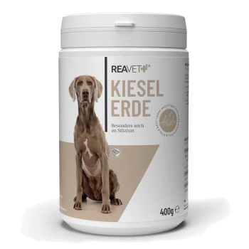 Behälter mit REAVET Kiesel Erde, ein 400g Produkt mit einer Hundesilhouette, mit Text, der anzeigt, dass es reich an Silizium ist.