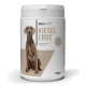 Behälter mit REAVET Kiesel Erde, ein 400g Produkt mit einer Hundesilhouette, mit Text, der anzeigt, dass es reich an Silizium ist.