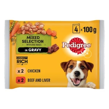 Pedigree Mixed Selection in Gravy pet food pack, featuring 4 x 100g servings with 2 chicken and 2 beef and liver portions.