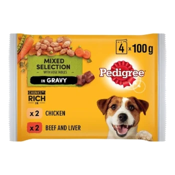 Pedigree Mixed Selection in Gravy pet food pack, featuring 4 x 100g servings with 2 chicken and 2 beef and liver portions.