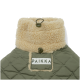 Olivfarbene, gesteppte Haustierjacke mit sandfarbenem Sherpa-Kragen und Knebelverschlüssen, weißer Aufnäher mit der Aufschrift PAIKKA.