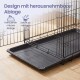 Draht-Hundekäfig mit herausnehmbarem schwarzem Tablett auf Holzboden; deutscher Text: 'Design mit herausnehmbarer Ablage'.