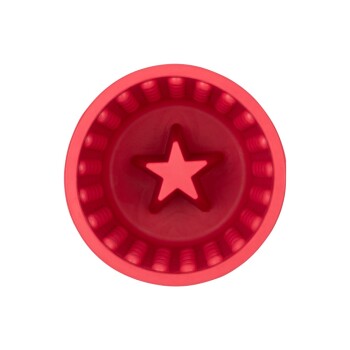 Rote Silikon-Hundeschüssel mit einem sternförmigen Design in der Mitte, von oben betrachtet.