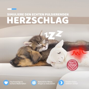 Schlafender Welpe und Kätzchen kuscheln mit einem Plüschtier, das einen echten Herzschlag simuliert, fördert Ruhe und tiefen Schlaf.