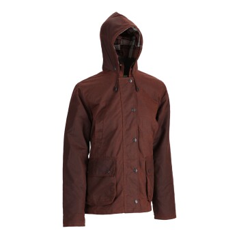 Braune Kapuzenjacke mit kariertem Futter, vorderen Knöpfen und zwei großen Fronttaschen, auf einer Schaufensterpuppe dargestellt.