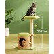 Ein Kratzbaum für Katzen mit einem grün-beigen Design, mit einem hohen Platz, einem gemütlichen Versteck und einem baumelnden Ball, der 76,2 cm misst.