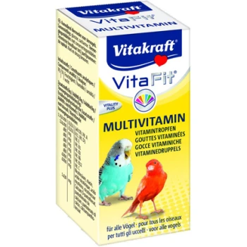 Multivitamin Vogel 10ml VitaFit Multivitamin-Tropfen für Vögel, mit einem blauen Wellensittich und einem roten Kanarienvogel auf der Verpackung, mit einem gelben Hintergrund.