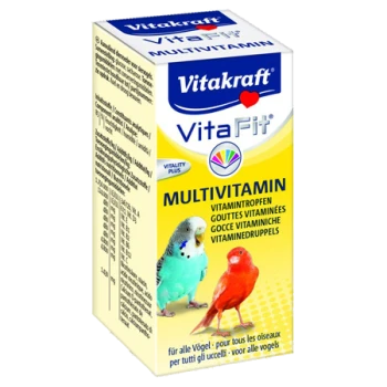 Gouttes multivitaminées VitaFit pour oiseaux, présentant un perroquet bleu et un canari rouge sur l'emballage, avec un fond jaune.
