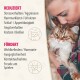 Bild einer gehaltenen Katze, mit Text, der die Vorteile eines Produkts umreißt: reduziert Stress, Aggression und Angst; fördert Wohlbefinden und Verspieltheit.