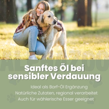 ALPHAZOO Care Pupsbremse Futterölflasche für Hunde und Katzen, die die Entspannung des Darms mit Vorteilen wie "Gutes Bauchgefühl" bewirbt.