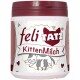 Behälter mit FeliTatz Kitten Milk, der eine verspielte Illustration einer Mutterkatze mit drei Kätzchen zeigt, in einem weißen und kastanienbraunen Design.