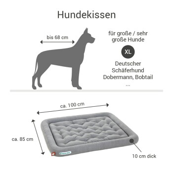 Graues Hundebett für große Rassen, das ungefähr 100 cm mal 85 cm und 10 cm dick ist, geeignet für Hunde wie Deutsche Schäferhunde und Dobermänner.
