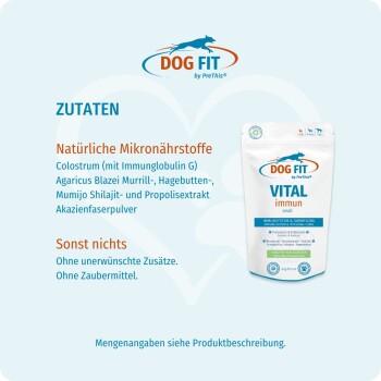 Dog Fit VITAL immun kleiner Beutel vor blauem Hintergrund mit deutschem Text 'ZUTATEN' und 'Natürliche Mikronährstoffe'