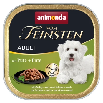 Emballage de nourriture humide pour chiens présentant un chien blanc, étiqueté "animonda vom Feinsten ADULT mit Pute + Ente," avec de la dinde et du canard dans une sauce.