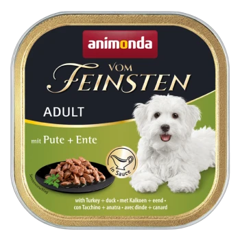 Verpackung für Nassfutter mit einem weißen Hund, beschriftet mit 'animonda vom Feinsten ADULT mit Pute + Ente', mit Pute und Ente in Sauce.