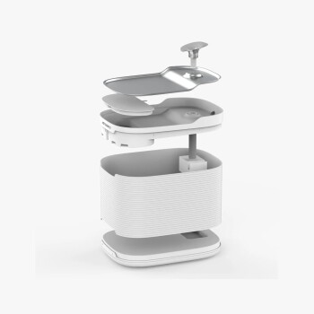 Explosionsansicht eines weißen automatischen Haustierbrunnens mit Metalldeckel und internem Wasserbehälter.