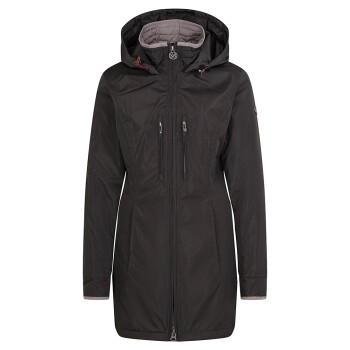 Schwarze wasserdichte Jacke mit Kapuze, mit zwei Reißverschlusstaschen und einem Frontreißverschluss, entworfen für den Outdoor-Einsatz.