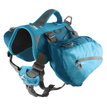 Ein blauer Hunderrucksack-Geschirr mit verstellbaren Riemen, einem gepolsterten Innenraum und einer Seitentasche für die Aufbewahrung.