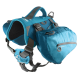 Ein blauer Hunderrucksack-Geschirr mit verstellbaren Riemen, einem gepolsterten Innenraum und einer Seitentasche für die Aufbewahrung.